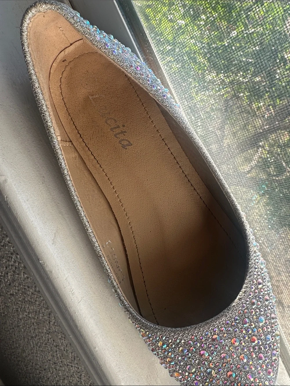 Crystal-Studded Silver Ballet Flats by Unbranded
